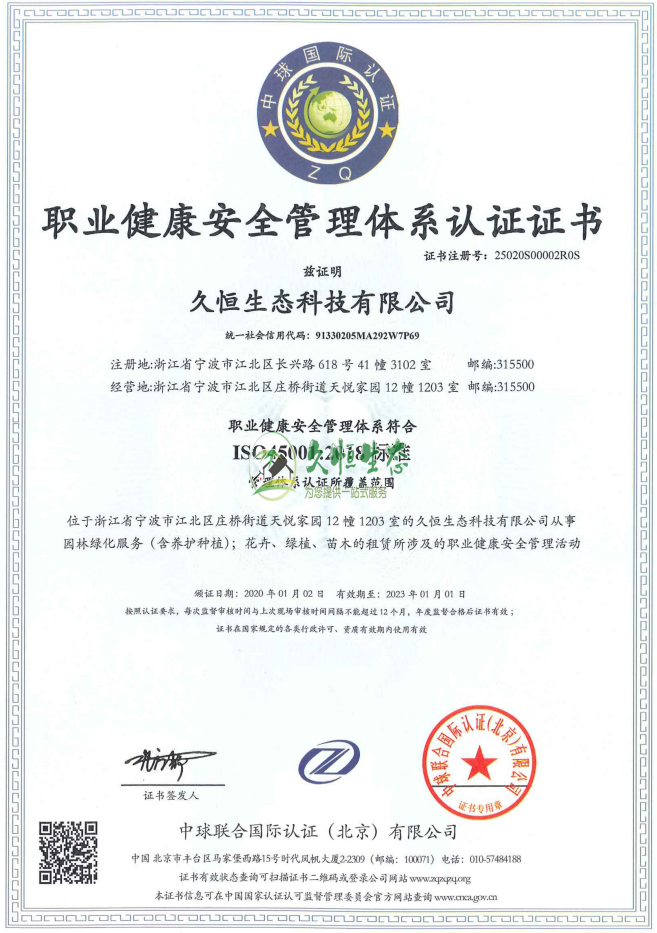 无锡滨湖职业健康安全管理体系ISO45001证书